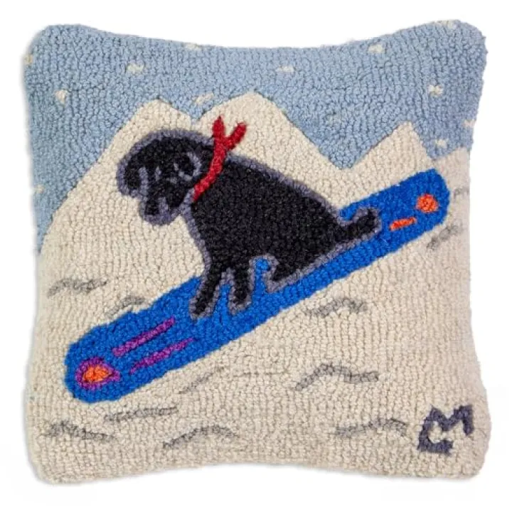 Chandler 4 Corners Artist-Designed Snowboard Lab Hand-Hooked Wool Decorative Throw Pillow (14 in x 14 in) Lab Dog Pillow for Couches & Beds - Easy Care & Low Maintenance - Winter Labrador Home Décor