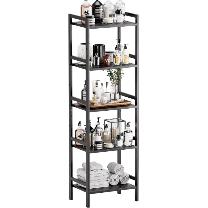 HITNET 5 Tier Narrow Bookshelf, Bamboo Bookcase, Slim Tall Storage Rack Free Standing Shelving Unit with Adjustable Shelves for Living Room Bedroom Bathroom, Black