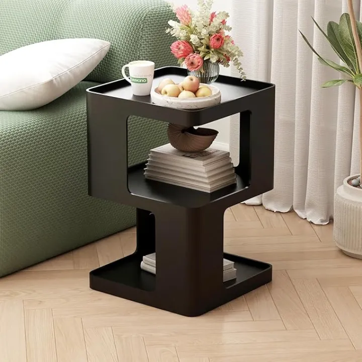 Metal Black Nightstands, Modern Side Table with 3 Tiers Storage, Small End Table for Couch, Living Room Bedroom, Bedside Tables No Assembly Required