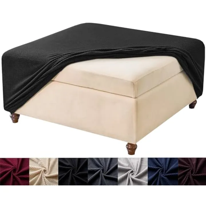 HFCNMY Stretch Square Ottoman Cover - Knitted Jacquard Washable Slipcover with Elastic Bottom - Black Medium