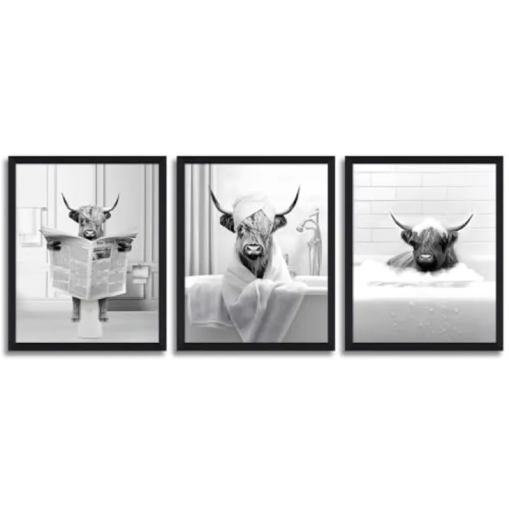KBKBART Funny Highland Cow Wall Art Set of 3, Rustic Farmhouse Bathroom Cow Pictures Wall Decor Painting, Brown Cute Cow Animal Canvas Posters Prints for Bathroom Restroom Home Decor Framed 8x10 Inch