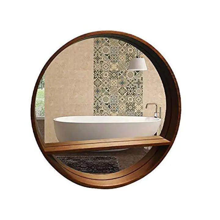 Bathroom Mirror with Storage Shelf Nordic Round Vanity Mirror Simple Fashion Wooden Porch Mirror Hanging， for Bathroom Vanity