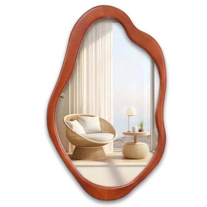 OUSIMY 24"x 15" Wavy Wall Mirror Wood Frame, Modern Decorative Asymmetrical Mirror for Bedroom, Living Room, Entryway Walnut Color