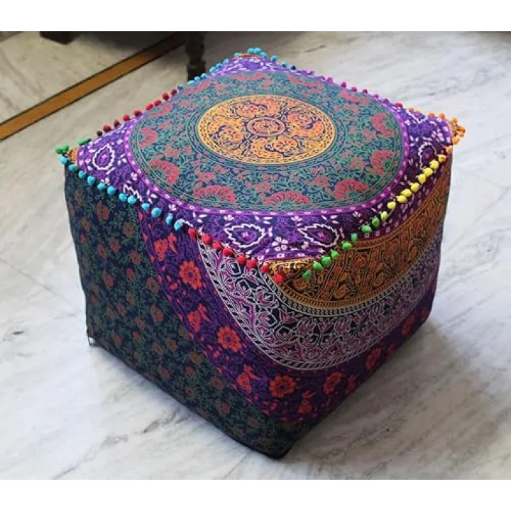 Alia Enterprises Indian Handmade Mandala | Square Ottoman Pouf Cover | Footstool Seating (SIX Color Ombre Mandala, 18x18x14)