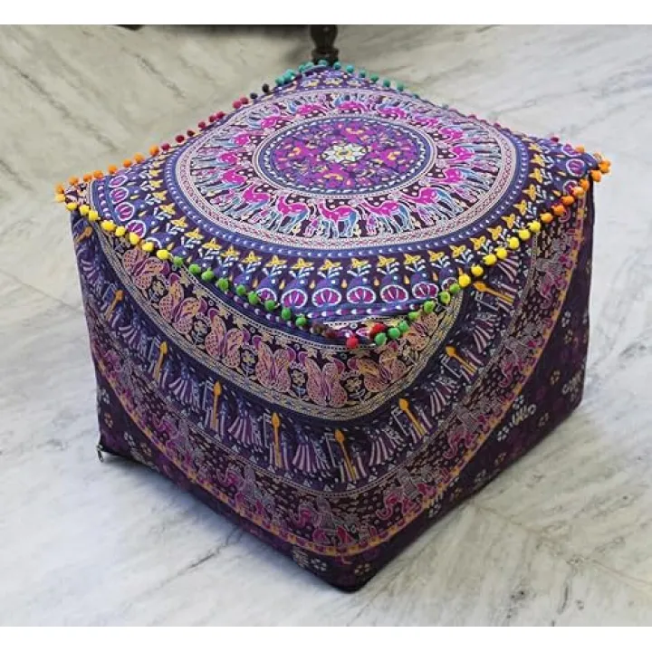 Alia Enterprises Indian Handmade Mandala | Square Ottoman Pouf Cover | Footstool Seating (Floral Mandala, 18x18x14)