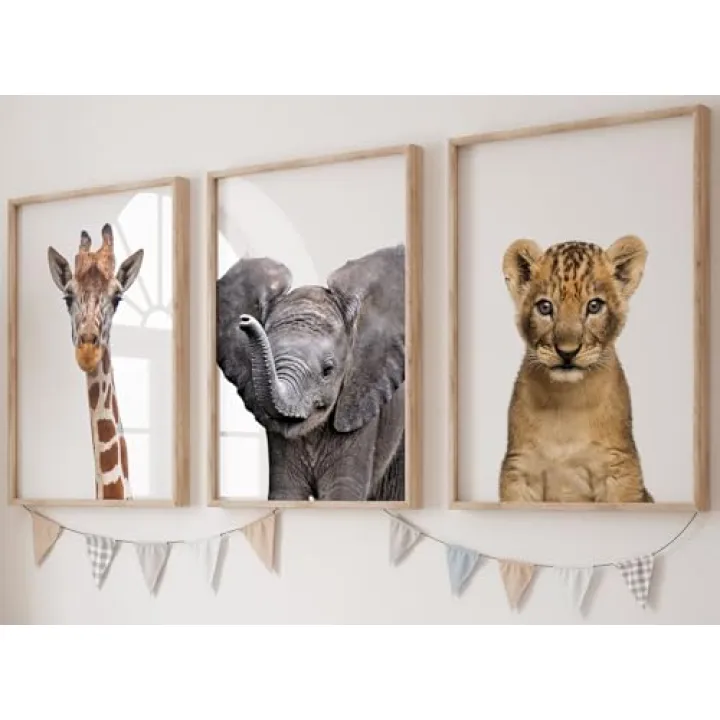 Realistic Baby Safari Animals Set of 3 Girl or Boy Unframed Nursery Prints, Bedroom Playroom Jungle Decor Wall Art Posters, Giraffe Elephant Lion Cub, Gray Yellow Brown (12x16)