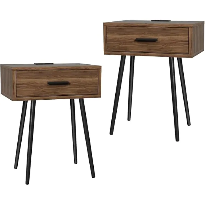 2 SET Nightstand with Charging Port and Wooden Drawers - Perfect for Small Side Table, Night Stand Night Stand - Walnut End Table, Dresser for Bedroom, Living Room, Dorm