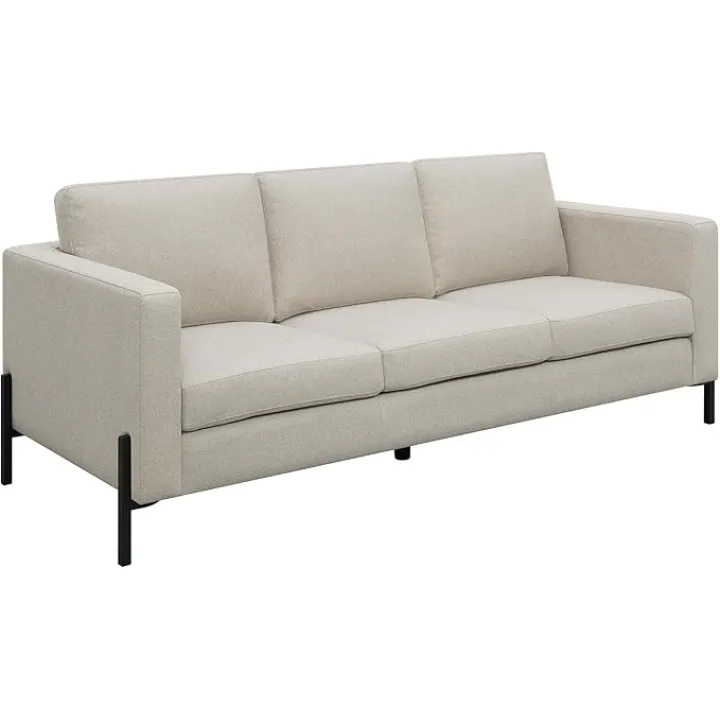 Benjara Zoya 82 Inch Sofa, Track Arms, Oatmeal Fabric, Herringbone Design, Beige, Black