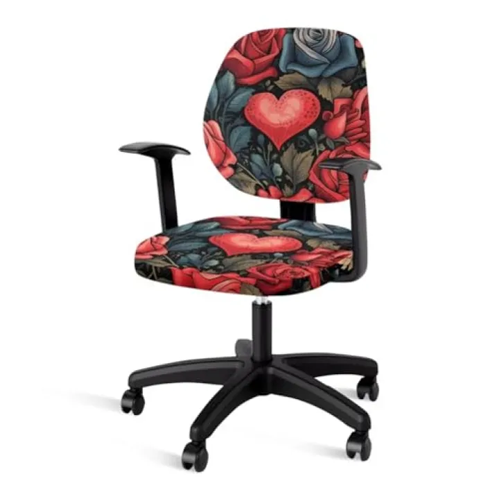 Eheartsgir Love Heart Roses Desk Office Chair Seat Covers Soft Durable Computer Armchair Slipcover Firmly Fixed Rotating Backrest Coverings & Cushion Protector for Valentine's Gift & Decor