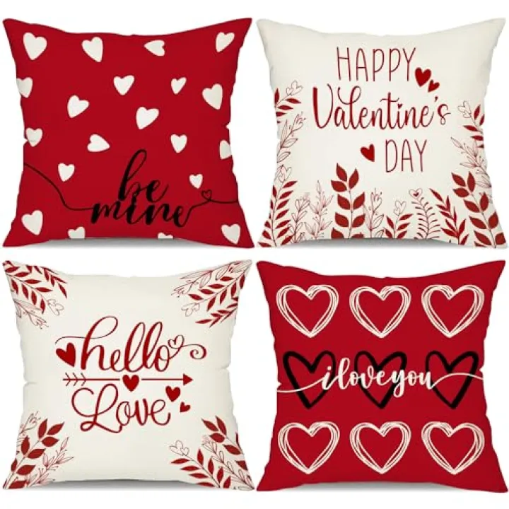 APKPK Happy Valentines Day Love Hearts Decorative Throw Pillow Cover 18x18 Set of 4, Red White Arrow Holiday Porch Patio Outdoor Pillowcase, Quote Be Mine Lover Gifts Cushion Case Home Decor
