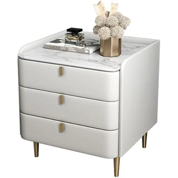Wood Nightstand with 3 Drawers,Mid-Century Modern Nightstand with Gold Solid Metal Legs & Handles,Marble Top Bedside Table,Sofa End Side Table for Bedroom Living Room(50x40x69cm(20x16x27inch), Beige)