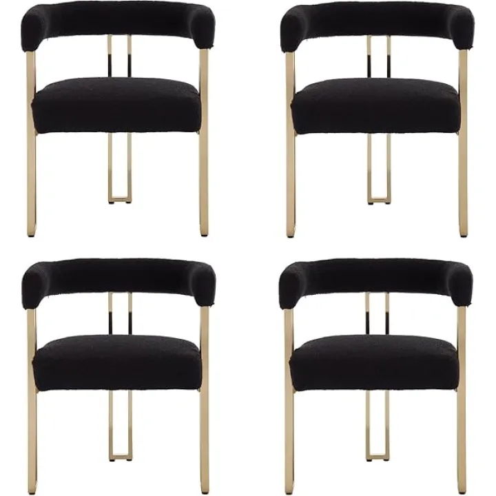 Kmax Dining Chairs Set of 4 Modern Faux Fur Barrel Chairs Upholstered Golden Metal Kitchen Chairs for Dining Room Living Room, Black