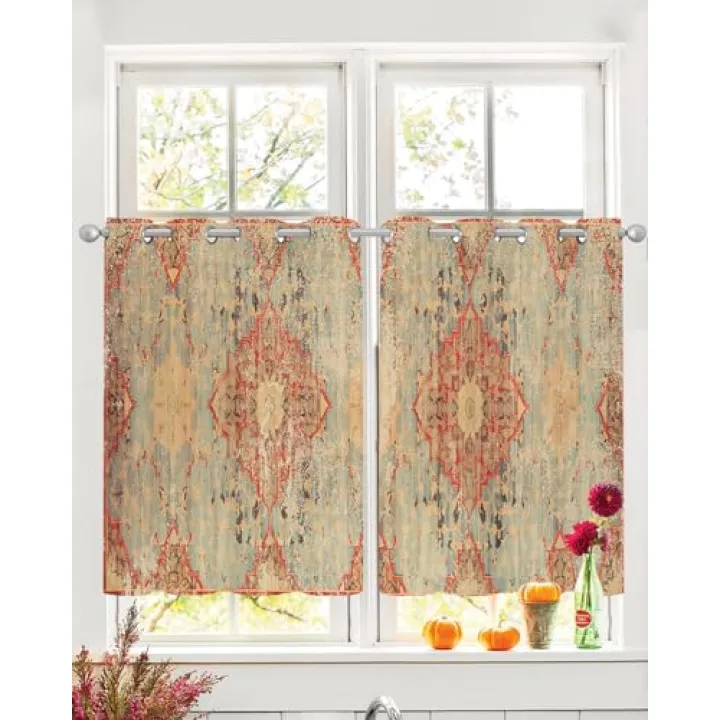 Geometric Boho Sheer Curtains 39 Inch Length 2 Panels Set, Grommet Kitchen Curtains Sheer Window Curtain for Living Room Bedroom Light & Airy Privacy Drapes Rustic Bohemian Floral Tribal Orange
