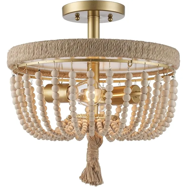 TRANS GLOBE 11606 AG I Taylan Collection 14 Inch Two-Light Ceiling Semi Flush Mount - in an Antique Gold Finish | Steel & Jute Rope Housing I Modern Contemporary Light Fixture |