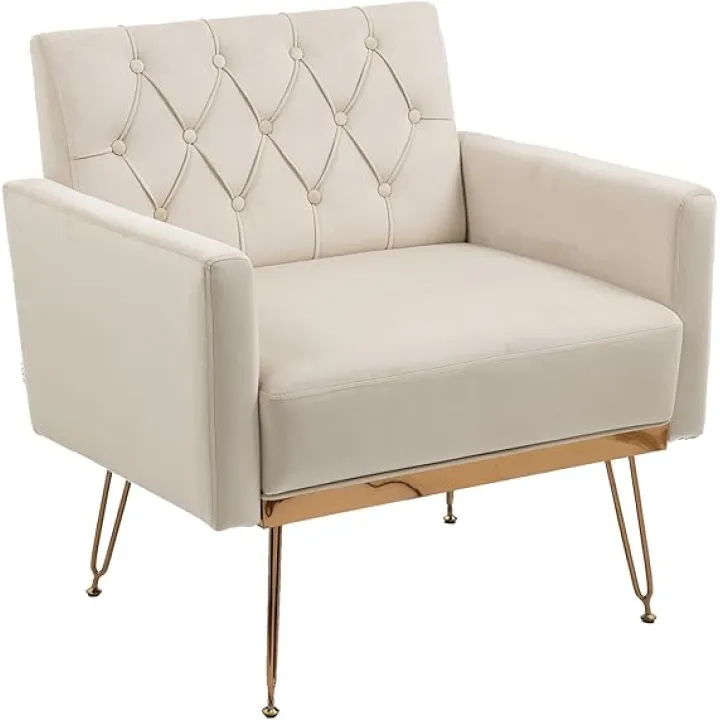 Modern Beige Accent Chair, Upholstered Velvet Armchair with Gold Metal Legs,Comfy Tufted Single Sofa Side Chair with arms Reading Chair for Living Room Bedroom Office