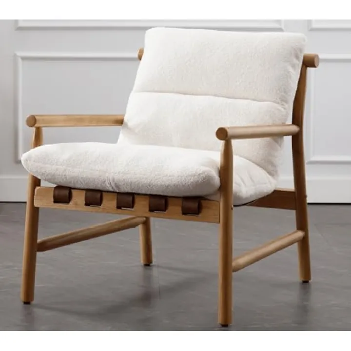 DM Furniture White Sherpa Accent Chair Mid Century Modern Living Room Chairs Comfy Arm Chair w/Solid Wood Legs Boucle Upholstered Lounge Side Chair for Bedroom/Reading/Sofa/Bedside