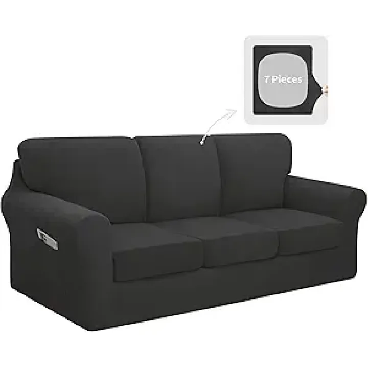 Easy-Going 7 Pieces Stretch Couch Cover Washable Sofa Cover Set for 3 Backrest and Seat Cushion Couch Anti-Slip Sofa Slipcover Furniture Protector with Elastic Bottom (Large, Dark Grey)