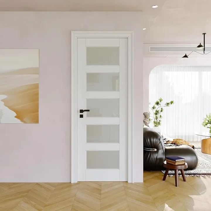 28" x 80" Slab Door, 5-Panel Pre-Assembled Frosted Glass Interior French Door Slab, Soild Core & Pre-Finished Single Panel for Pantry Bedroom Closet as Pocket, Bifold, Barn Doors-Shaker w/o Hardware