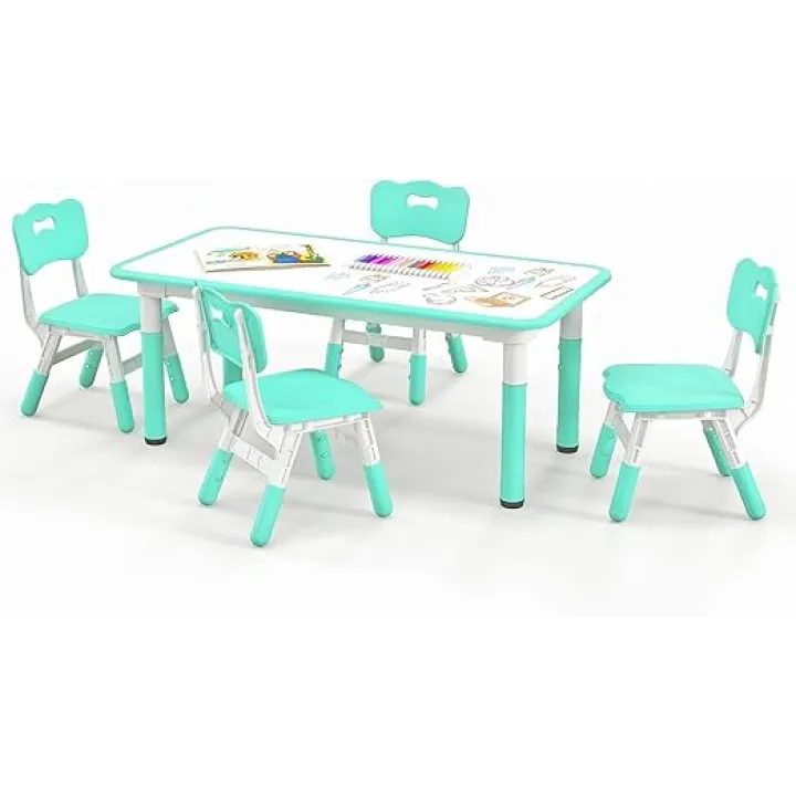Costzon Kids Table and 4 Chair Set, Height Adjustable Toddler Desk and Chairs with Graffiti Desktop, Non-Slip Legs, Children Art Study Multi-Activity Table Set for Home, Daycare, School (Green)