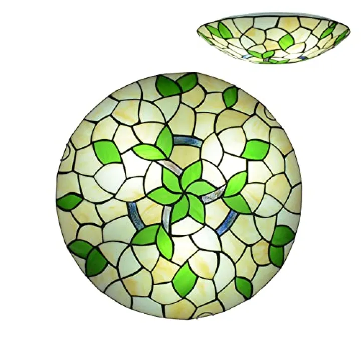 12 Inch 2-Light Pastoral Dimmable Flush Mount Ceiling Light, Green Leaves Stained Glass Ceiling Lamp Decor for Dining Room Hallway Kitchen Island Light