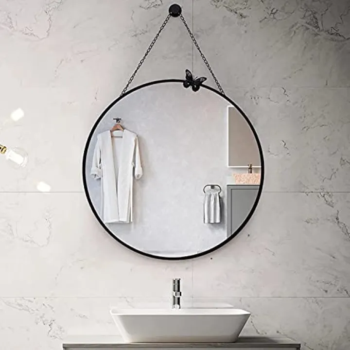 Bathroom Mirror Large Round Butterfly Wall Mounted Mirror Metal Frame with Chain Modern Retro Vanity Living Room Hallway Bedroom Hanging Decoration