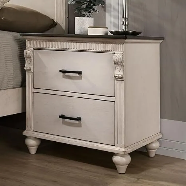 Antique White/Gray 1pc Nightstand Two-Tone Design Dark Bronze Bar Pull Pulls Solidwood Bedside Table Bedroom