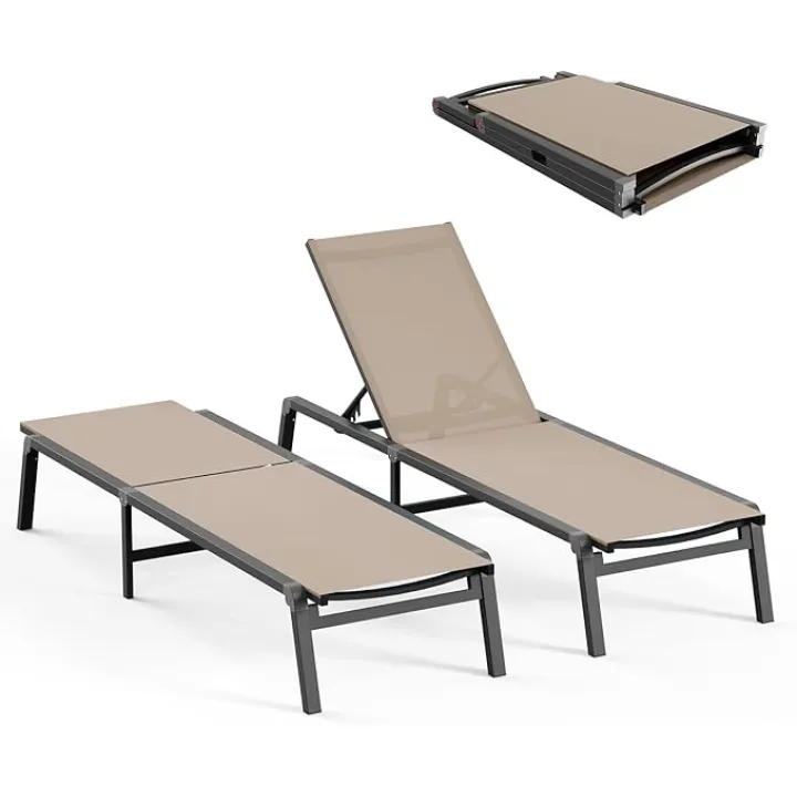 Patio Chaise Lounge Chair, Foldable Lounge Chair for Outside, Aluminum Chairs Set of 2 with 5 Adjustable Backrest, Outdoor Pool Lounger for Poolside, Lawn, Deck, Khaki