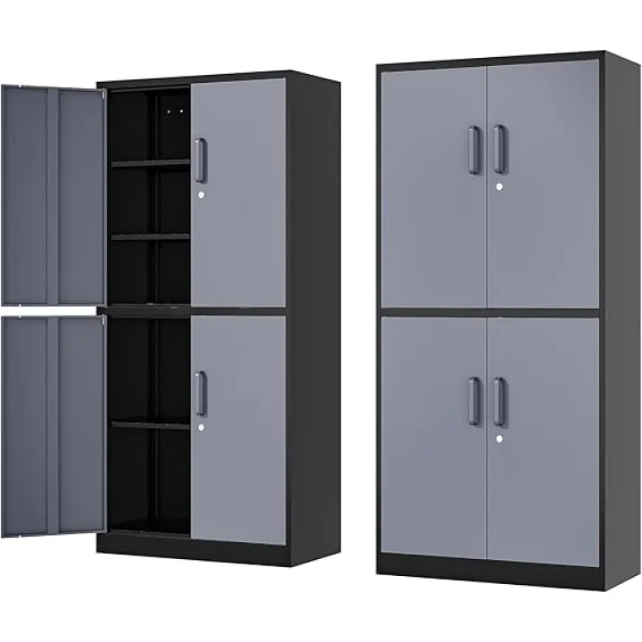 71” Metal Storage Cabinet-Lockable File Garage Tool Cabinets with Doors and Shelves- Gray&Black Steel Cabinet for Garage-Heavy Duty File Storage for Home, Office, Gym, Kitchen, School