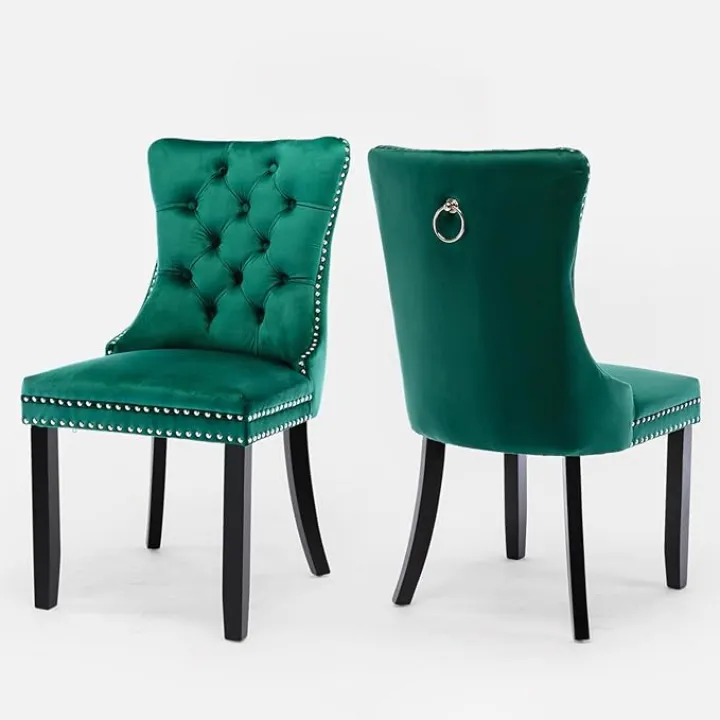 Velvet Upholstered Dining Chairs Set of 2, Modern Style Kitchen Side Chairs with Nailhead Trim and Wood Legs,Metal Pulling Ring for Dining Room Living Room