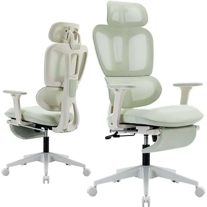 Ergonomic Office Chair with Footrest, High Back Computer Office Chair with Dynamic Lumbar Support, 2D Headrest, 2D Armrest, Sponge Seat, Mesh Home Office Desk Chair for Adults, Green