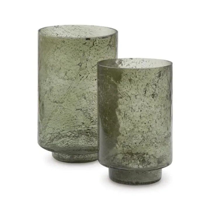 Signature Design by Ashley Clarkton Casual Abstract Sanded Glass Candle Holder Set for 3” Pillar Candle, Set of 2, Green