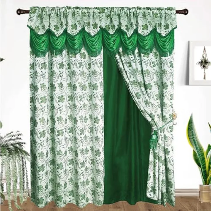 July Joy Jacquard Window Floral Curtain Panel Drape with Attached Fancy Valance and Taffeta Backing. 2pcs Set. 54 x 84 Inches with 18" Valance （Green）