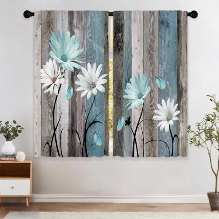 Laifzere Teal Farmhouse Daisy Curtains, Wooden Flower Window Curtains 42x45 Inch for Bedroom Living Room Decor, Rustic Floral Butterfly Country Drapes Treatment Draperies Fabric Rod Pocket (2 Panels