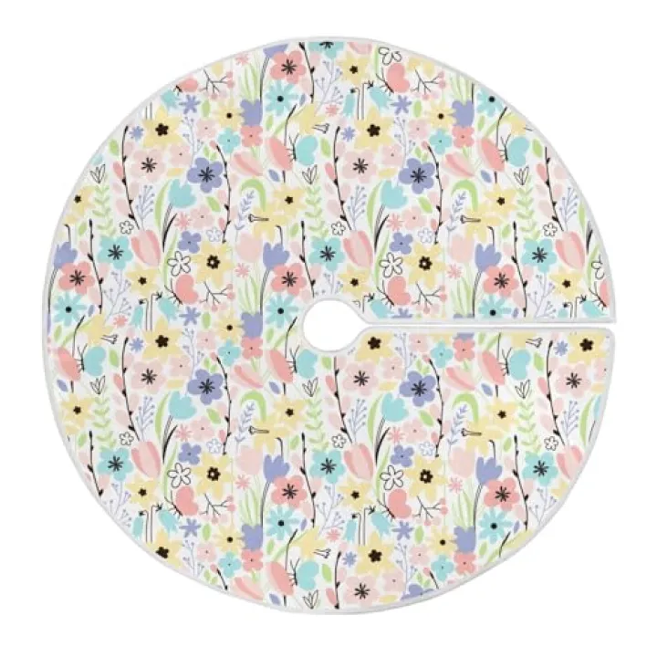 Msyxl Spring Blossom Pattern Tree Skirt, 35.4 Inches Xmas Tree Skirt Mat for Holiday Party Decorations, Festival Home Ornaments