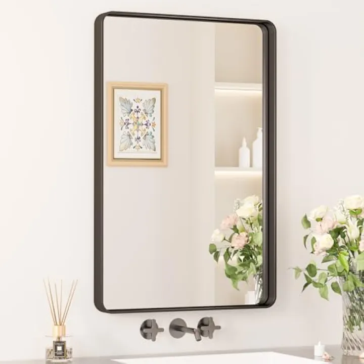 Keonjinn Black Bathroom Mirror, 20 x 30 Inch Rounded Rectangle Sandblasted Finish Bathroom Mirrors for Over Sink, Matte Black Farmhouse Mirror with Seamless Frame, HD Tempered Glass Vanity Mirror