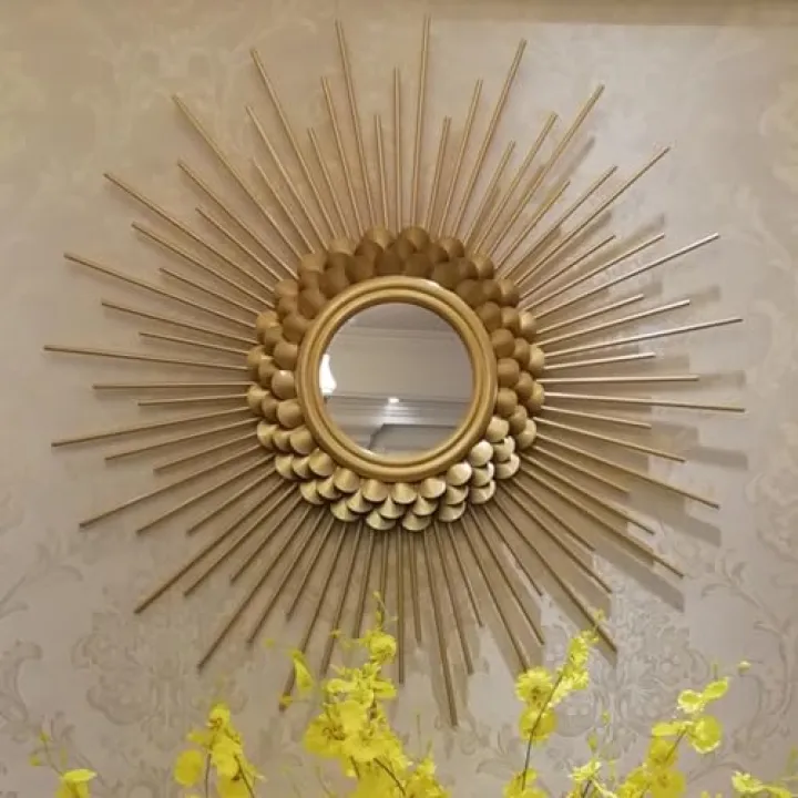 Gold Sunburst Wall Mirror,Round Wall Sculpture Decorations Antique,Metal Geometric Wall Hangings Mirror, Modern Light Luxury Boho Décor 27.5inch/31.5inch,for Home/Office/Hallway/Artwork/Hotel ( Color