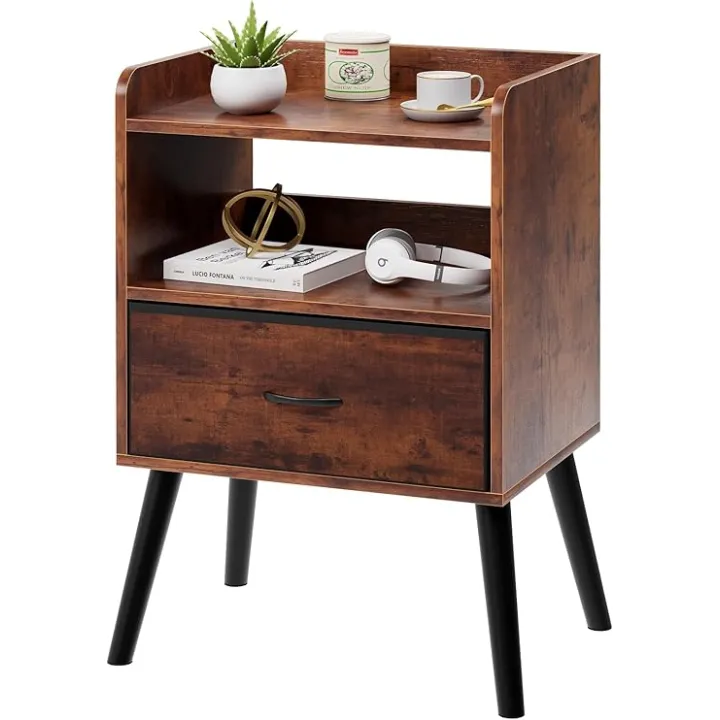 NightStand with Open Shelf,Night Stand with Drawer Storage Side Table End Table,Bedside Table with Solid Wood Feet,Mid Century Night Stands for Bedroom Sofa Couch Small Spaces(Brown)
