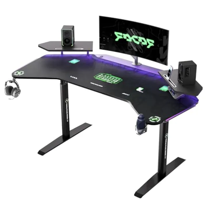 Klobel 72" Standing Gaming Desk with Dual Motor, Wing-Shaped Computer Desk with Full Coverage Mouse Pad, Electric Height Adjustable Standing Desk with RGB LED Lights and Slot Design Shelves