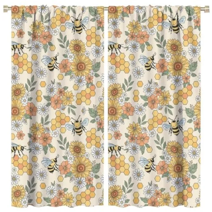 JADERYS Spring Bees Curtains Colorful Flowers Yellow Geometric Hexagonal Honeycomb Cartoon Cute Flying Bees Bedroom Living Room Rod Pocket Decoration Window Drapes 2 Panels W21xL45in