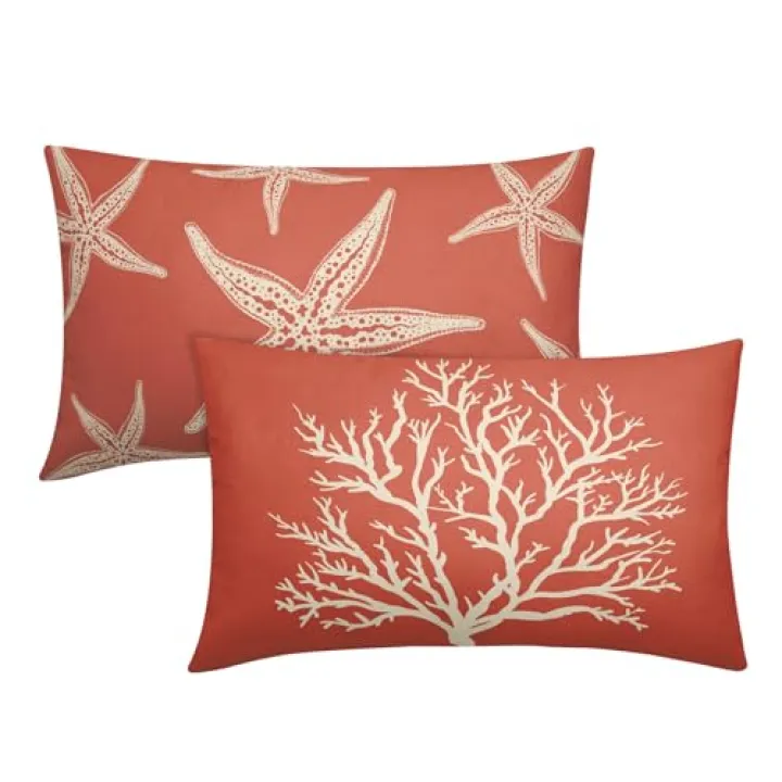 Summer Sea Starfish Pillow Cover 12x20 Inch Set of 2 Beach Pink Coral Lumbar Throw Pillowcase Cotton Linen Square Decorative Nautical Coastal Themed Cushion Cover for Sofa Bedroom Indoor Outdoor Party