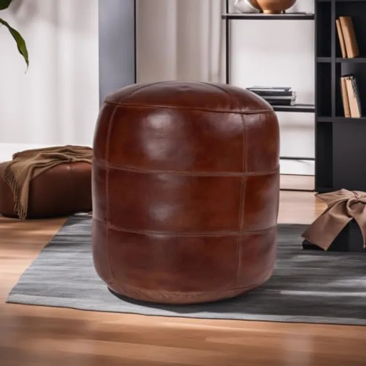 Round Shaped Buffalo Leather Handmade Eco-Friendly Brown Pouf -Round Pouf, 16"x16" x16", Plain Solid Pouf, Buffalo Leather Pouf, Recycled Foam with Fibre Fill Stuffed Pouf, Seating Pouf PF43