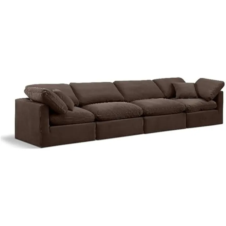 Meridian Furniture 147Brown-S140 Indulge Collection Modern | Contemporary Modular Sofa with Soft Brown Durable Velvet, Down Feather Cushions, Modular, 140" W x 35" D x 32" H, Brown