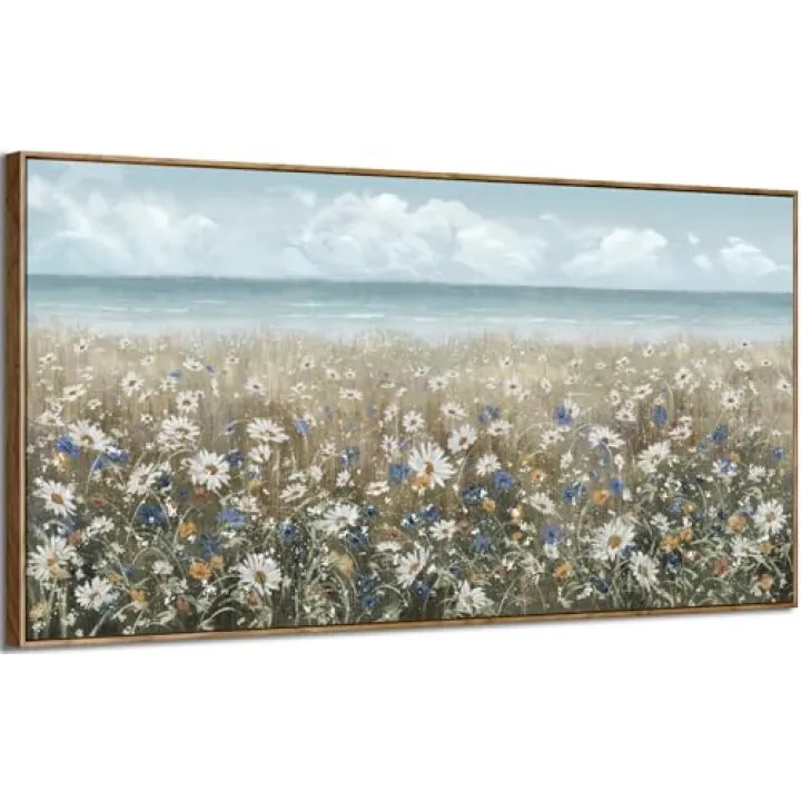amatop Oversized Wall Art for Living Room Extra Large Farmhouse Boho Framed Beach Coastal Vintage Ocean Floral Canvas Print Daisy Flowers Sea Wall Picture Neutral Nautical Artwork Bedroom Office Decor