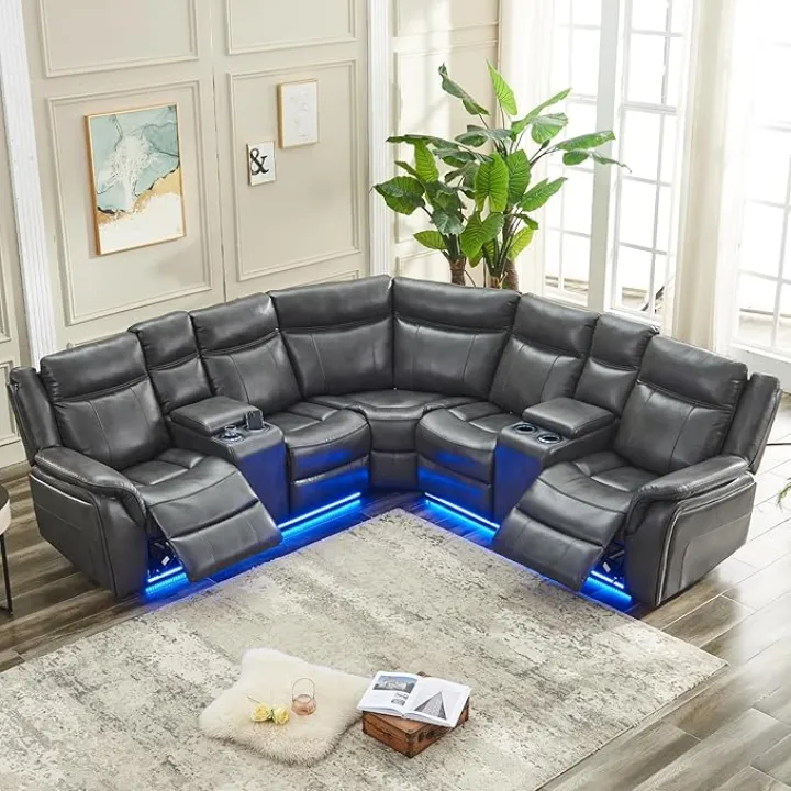 Power Recliner Sectional Sofa Couches with LED Lights for Living Room, Faux Leather Wall Hugger Reclining Corner Couch Sets with 2 Home Theater Seat, USB Charger, Cup Holder, Storage Console, Grey