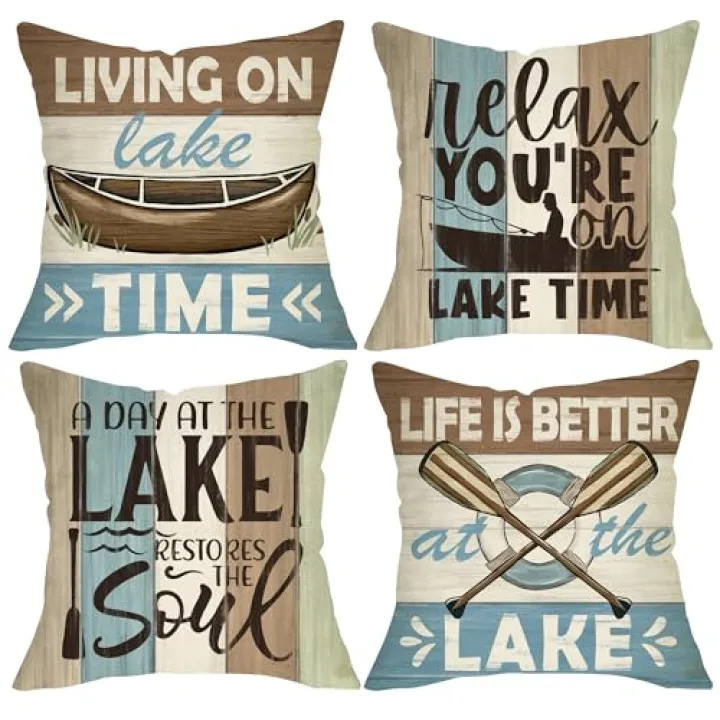 Fjfz Life is Better at The Lake Decorative Throw Pillow Covers 18 x 18 Set of 4, Boat Paddle Lakehouse Porch Outdoor Home Decor, Spring Summer Stripes Farmhouse Rustic Couch Cushion Case