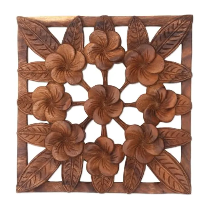 NOVICA Brown Wood Floral Wall Sculpture From Indonesia 'Interconnected Jepun'