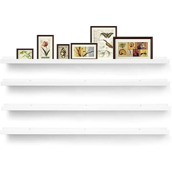 Picture Shelves for Wall,Long Floating Ledge Set of 4,Narrow Large Wood Rustic Photo Frames Vinyl Record Storage Display Nursery Kids Bookshelf Decor for Living Room Bedroom Kitchen,47'',White