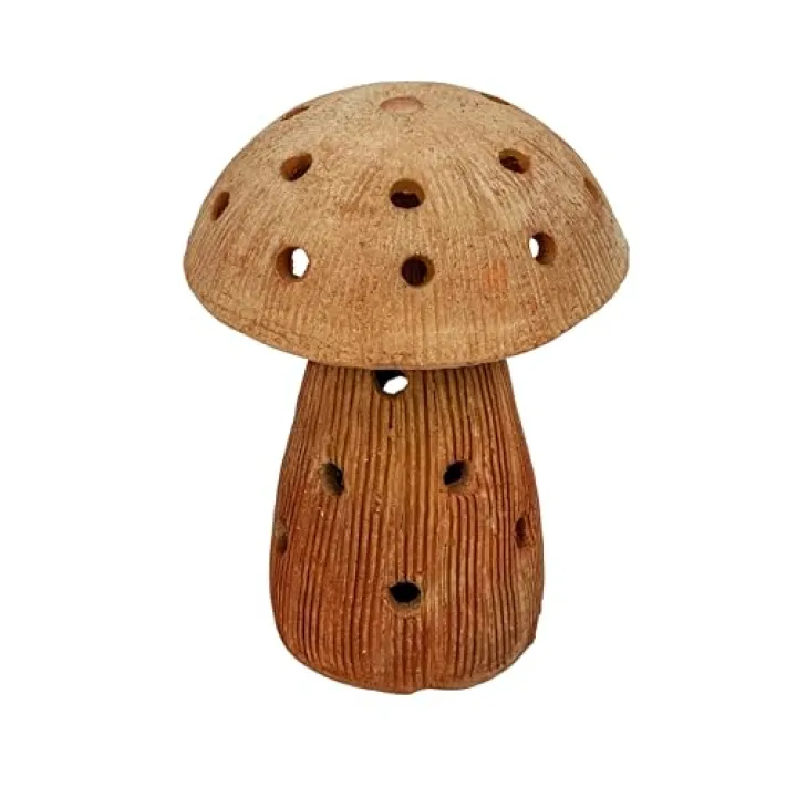 Creative Co-Op Handmade Vintage Reproduction Terra-Cotta Mushroom Shaped Candle Holder with Cut-Outs, Natural