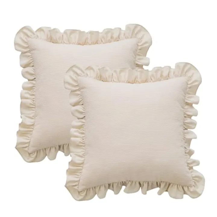 Waffle Weave Textured Throw Pillow Covers Set of 2 with Washed Cotton Retro Ruffle Flounces Trim Solid Decorative Pillow Cases for Home Livingroom and Bedroom Decor 18x18 Inch (Beige, 18x18 in)