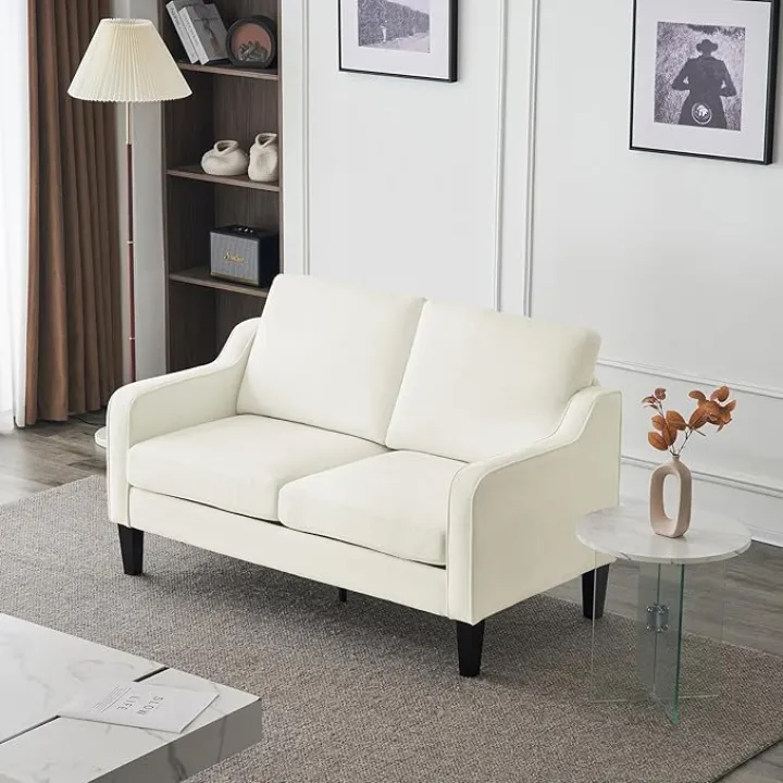 VINGLI Loveseat Mid-Century Modern Loveseat Sofa Couch 53" Wide 2 Seater Sofa Couch Love Seat with Scooped Armrest for Small Spaces, Living Room, Dorm, Bedroom, Apartment (Creamy White)